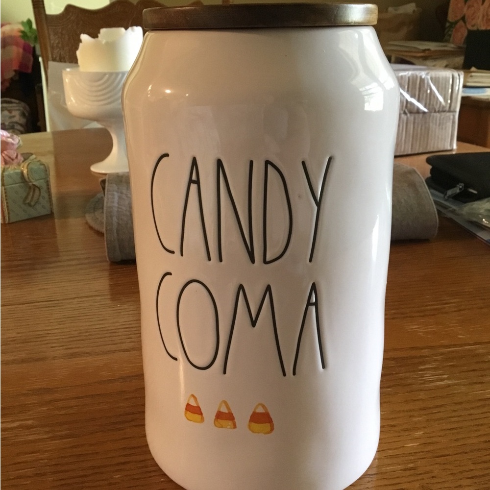 Rae Dunn Halloween Candy Coma Candy Corn Ceramic Canister with Wood Lid